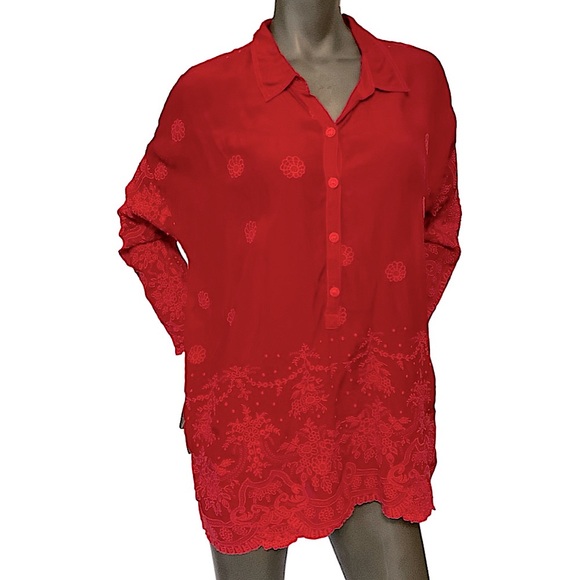 Johnny Was Red Embroidered Longsleeved Collared Top Blouse - Picture 2 of 12